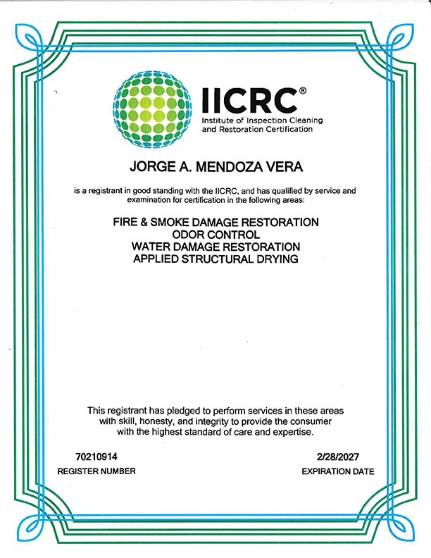 Jorge Vega IICRC Certification Bulovas Restoration